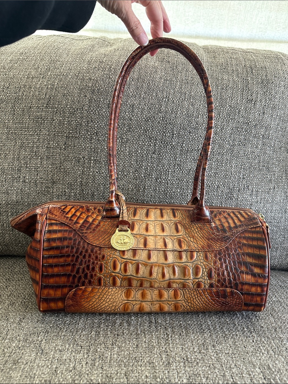 Brahmin Cognac Brown Croc-Embossed Barrel Shoulder Bag